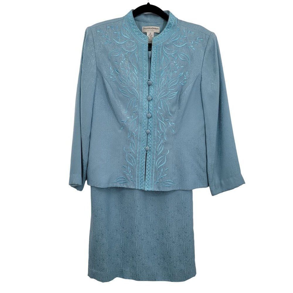 Vintage 80's Skirt Suit Set 10P Silk Formal Embroidered Modest Maxi‎ Pastel Blue